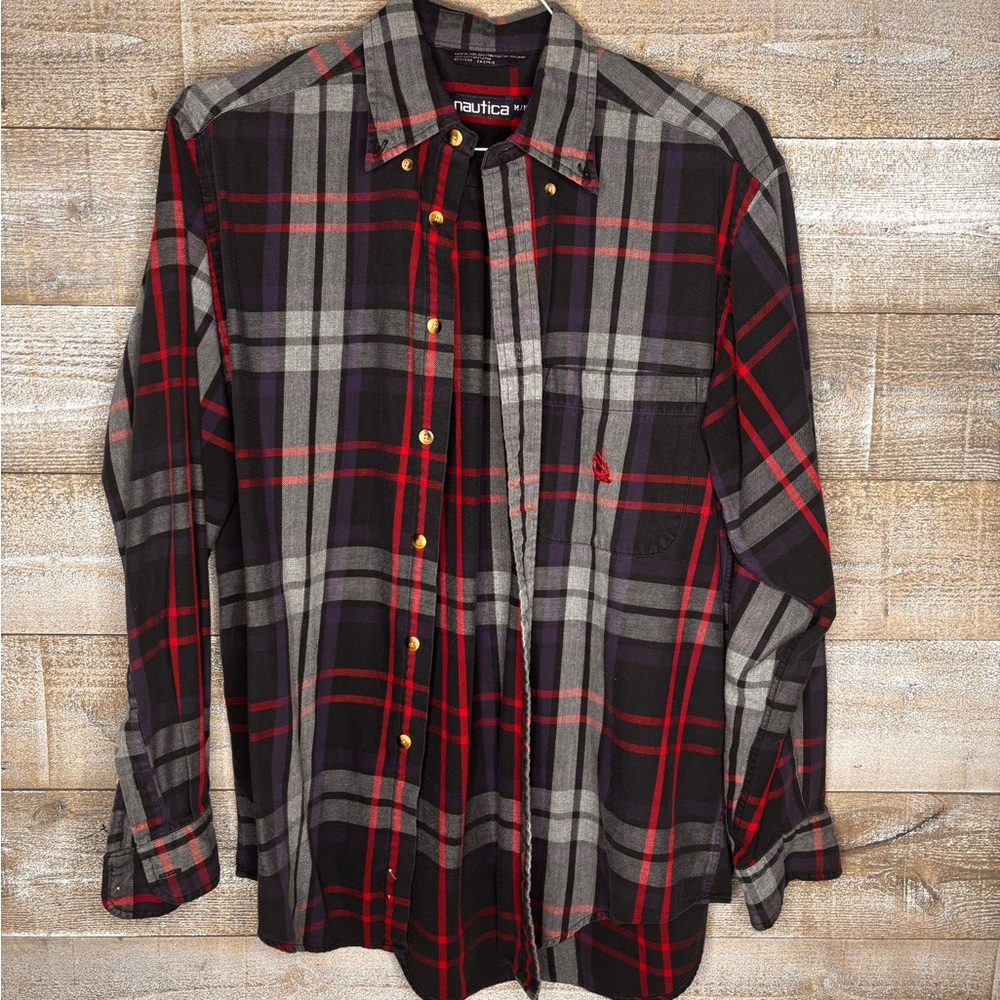 Nautica Men's holiday plaid checkered Shirt - Black and Red